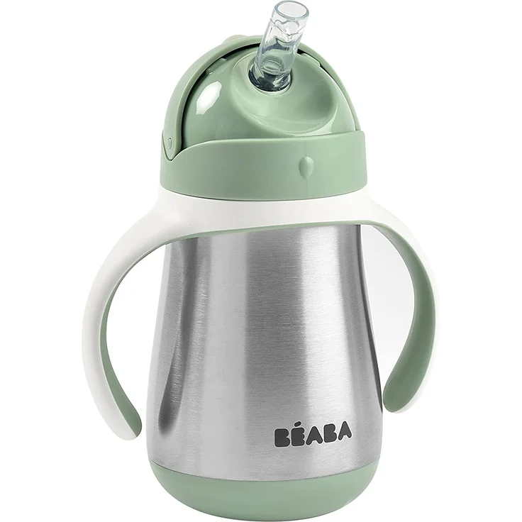 Béaba - Trinklernbecher - 2 in 1 Babyflasche - Kindertasse mit Strohhalm - 100% dicht - Leicht zu öffnen - Abnehmbare Griffe -Tritan und Silikon - 250 ml - Salbeigrün – Bild 1