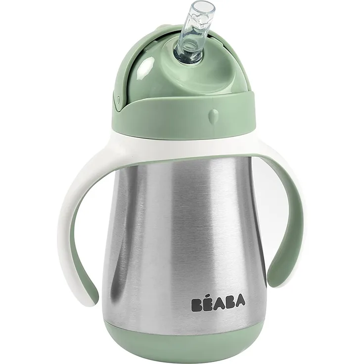 Béaba - Trinklernbecher - 2 in 1 Babyflasche - Kindertasse mit Strohhalm - 100% dicht - Leicht zu öffnen - Abnehmbare Griffe -Tritan und Silikon - 250 ml - Salbeigrün