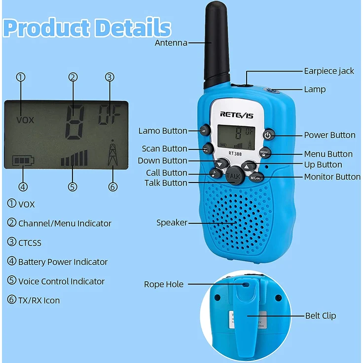 Retevis RT388 Kinder Walkie Talkie, Spielzeug mit großer Reichweite für 3-12 Jahre, 8 Kanal LCD Taschenlampe, Geschenke für Camping, Abenteuer, Wandern (1 Paar, blau) – Bild 2