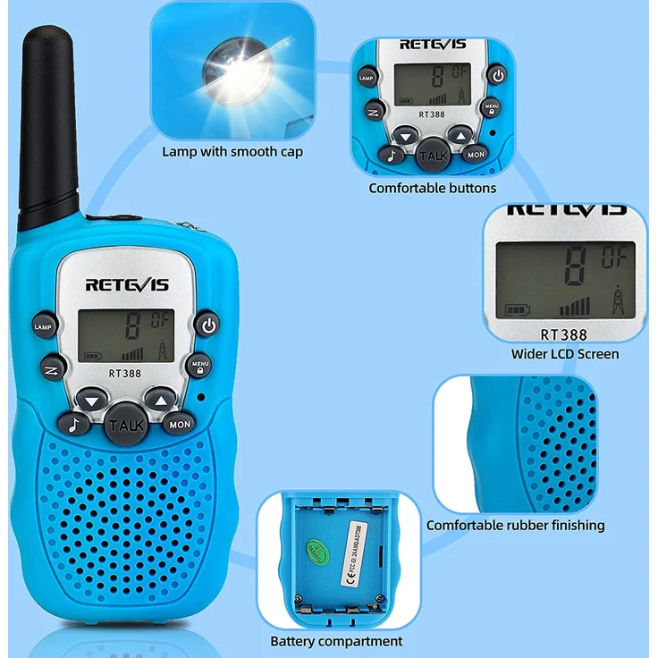 Retevis RT388 Kinder Walkie Talkie, Spielzeug mit großer Reichweite für 3-12 Jahre, 8 Kanal LCD Taschenlampe, Geschenke für Camping, Abenteuer, Wandern (1 Paar, blau) – Bild 5