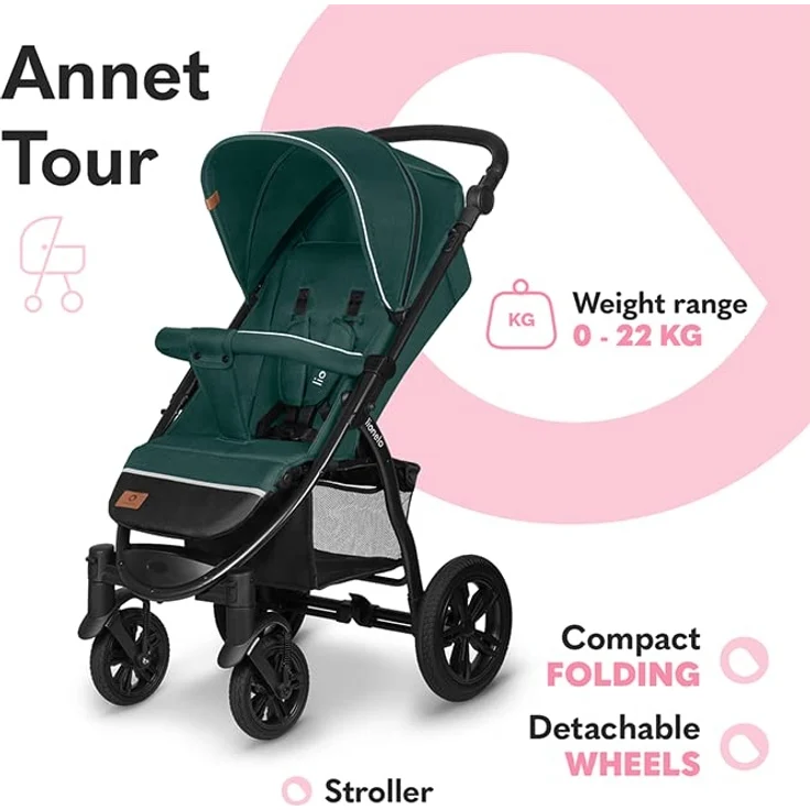 LIONELO Annet Tour Kinderwagen bis 22 kg, verstellbarer Griff, zusammenklappbar, verstellbare Rückenlehne bis zur Liegeposition, wartungsfreie Räder, XXL-Verdeck, 5-Punkt-Gurt, Einkaufskorb - Preisvergleich – Bild 2