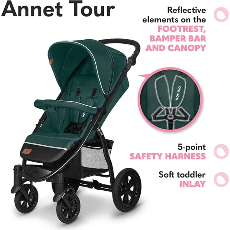 LIONELO Annet Tour Kinderwagen bis 22 kg, verstellbarer Griff, zusammenklappbar, verstellbare Rückenlehne bis zur Liegeposition, wartungsfreie Räder, XXL-Verdeck, 5-Punkt-Gurt, Einkaufskorb - Preisvergleich – Bild 5