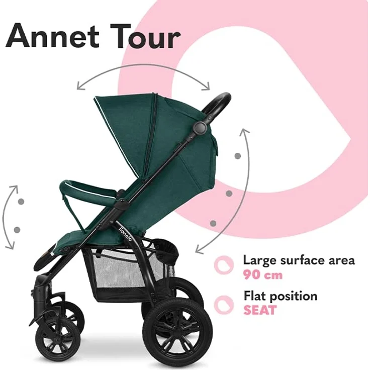 LIONELO Annet Tour Kinderwagen bis 22 kg, verstellbarer Griff, zusammenklappbar, verstellbare Rückenlehne bis zur Liegeposition, wartungsfreie Räder, XXL-Verdeck, 5-Punkt-Gurt, Einkaufskorb - Preisvergleich – Bild 3