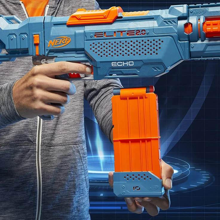Nerf 'Elite 2.0 Echo CS-10' Blaster, ab 8 Jahren, Reichweite 27 m, eingebaute Erweiterungsmöglichkeiten, hellblau/orange – Bild 10