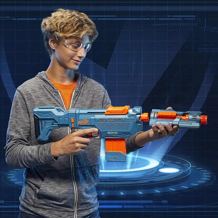 Nerf 'Elite 2.0 Echo CS-10' Blaster, ab 8 Jahren, Reichweite 27 m, eingebaute Erweiterungsmöglichkeiten, hellblau/orange – Bild 9