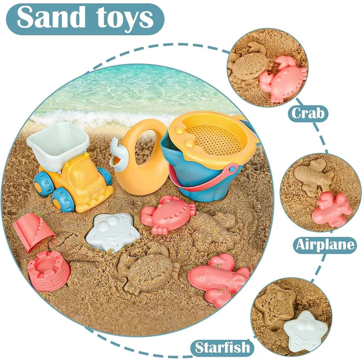 Sanlebi 17 Stück Strand Sandspielzeug Set mit Wasserrad, Strandbuggy, Eimer, Netzbeutel, Sandformen, Weichem Kunststoff Spielzeug Strand für Kinder Jungen Mädchen – Bild 7