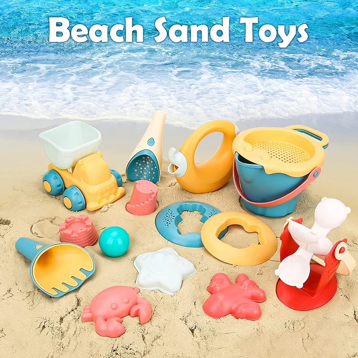 Sanlebi 17 Stück Strand Sandspielzeug Set mit Wasserrad, Strandbuggy, Eimer, Netzbeutel, Sandformen, Weichem Kunststoff Spielzeug Strand für Kinder Jungen Mädchen – Bild 4