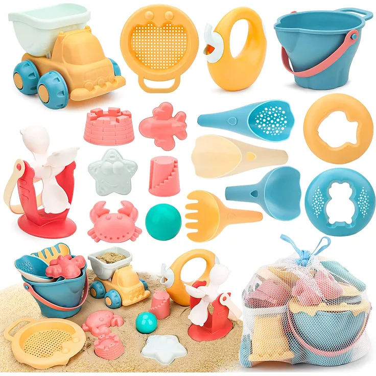 Sanlebi 17 Stück Strand Sandspielzeug Set mit Wasserrad, Strandbuggy, Eimer, Netzbeutel, Sandformen, Weichem Kunststoff Spielzeug Strand für Kinder Jungen Mädchen