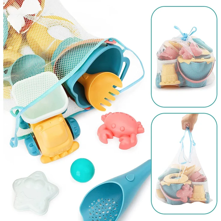 Sanlebi 17 Stück Strand Sandspielzeug Set mit Wasserrad, Strandbuggy, Eimer, Netzbeutel, Sandformen, Weichem Kunststoff Spielzeug Strand für Kinder Jungen Mädchen – Bild 2