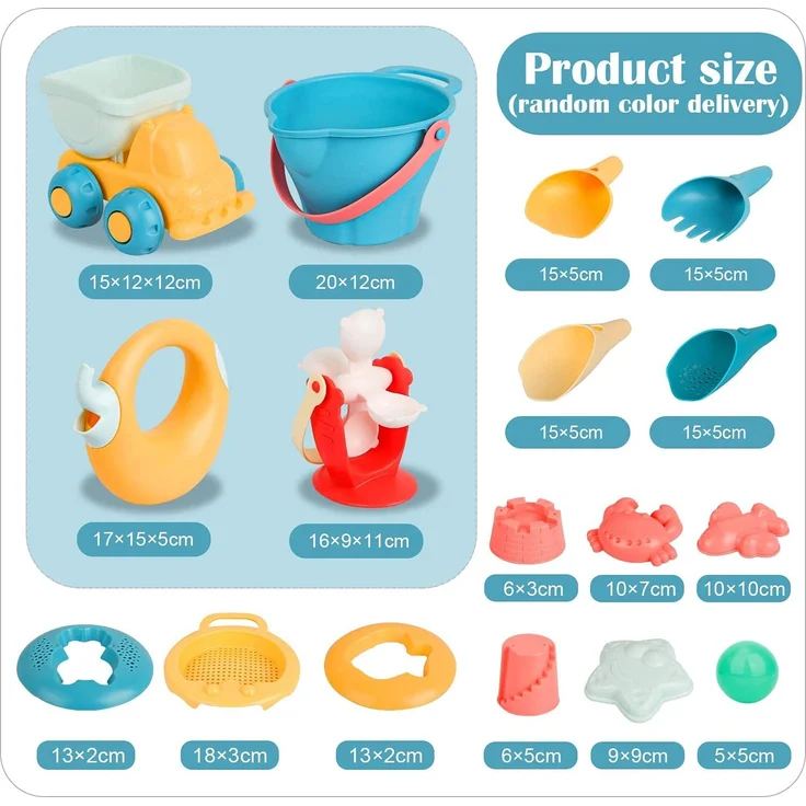 Sanlebi 17 Stück Strand Sandspielzeug Set mit Wasserrad, Strandbuggy, Eimer, Netzbeutel, Sandformen, Weichem Kunststoff Spielzeug Strand für Kinder Jungen Mädchen – Bild 6