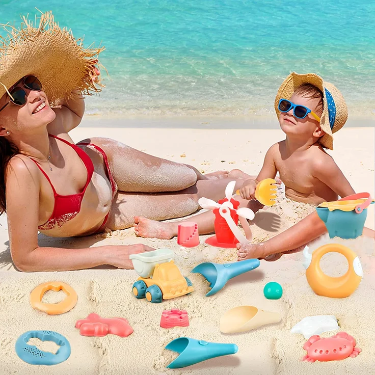 Sanlebi 17 Stück Strand Sandspielzeug Set mit Wasserrad, Strandbuggy, Eimer, Netzbeutel, Sandformen, Weichem Kunststoff Spielzeug Strand für Kinder Jungen Mädchen – Bild 5
