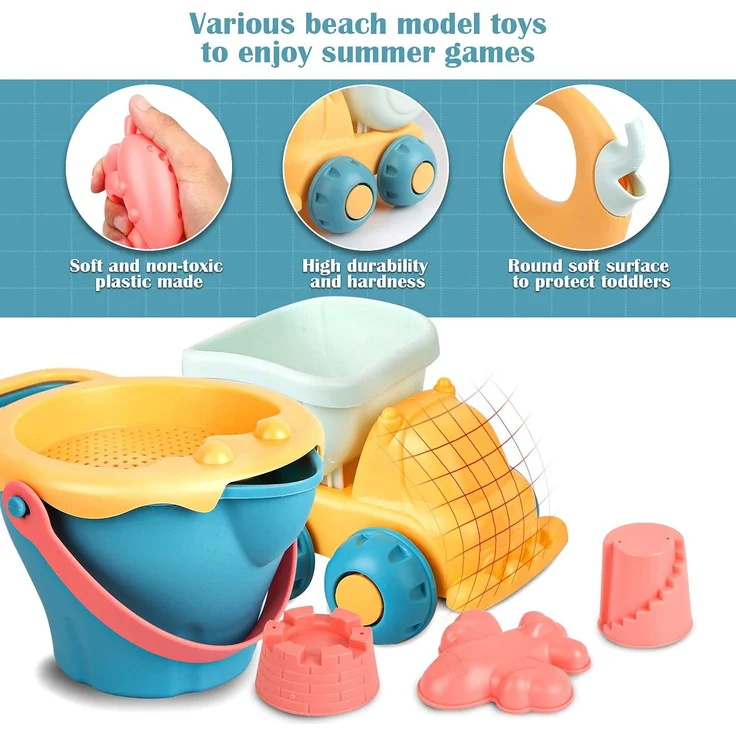 Sanlebi 17 Stück Strand Sandspielzeug Set mit Wasserrad, Strandbuggy, Eimer, Netzbeutel, Sandformen, Weichem Kunststoff Spielzeug Strand für Kinder Jungen Mädchen – Bild 3