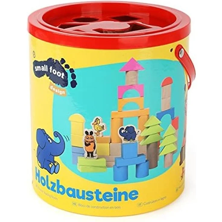 Small Foot 10497 Sendung Holzbausteine mit farbenfrohen Motiven, Bedruckte Bauklötze mit Maus, Elefant und Ente, in praktischer Aufbewahrungsmöglichkeit – Bild 2