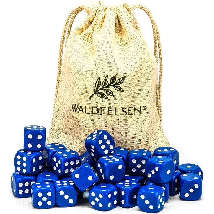 6,12, 20, 30 oder 50 hochqualitative Würfel von Waldfelsen® Standardgröße 16 mm Acrylwürfel Knobel Spielwürfel Dice 6-seitig sechsseitig Spielzubehör Set mit Stoffbeutel (Blau, 30 Stück)
