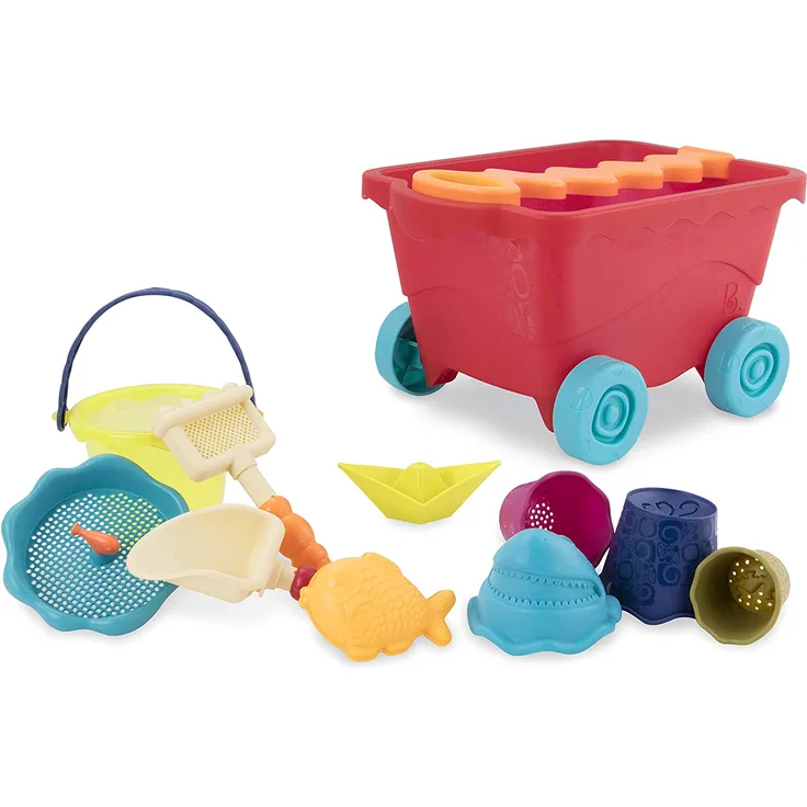 B. toys Sandspielzeug 11 Teile mit Bollerwagen Rot – Sandkasten Spielzeug, Strand, Spielplatz mit Eimer, Schaufel, Sandförmchen – Spielzeug ab 18 Monaten