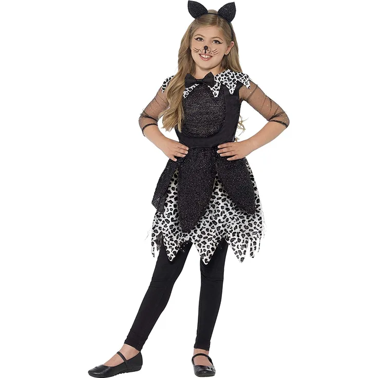 Halloween! Smiffys Kostüm Mitternachtskatze, Schwarz, mit Kleid, Schwanz und Katzenohren-Stirnband