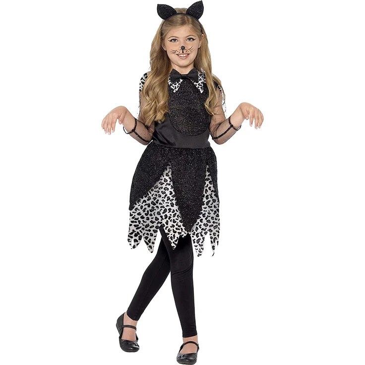 Halloween! Smiffys Kostüm Mitternachtskatze, Schwarz, mit Kleid, Schwanz und Katzenohren-Stirnband – Bild 3