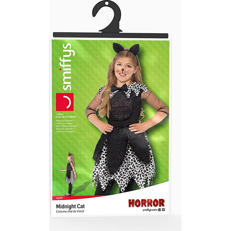 Halloween! Smiffys Kostüm Mitternachtskatze, Schwarz, mit Kleid, Schwanz und Katzenohren-Stirnband – Bild 6