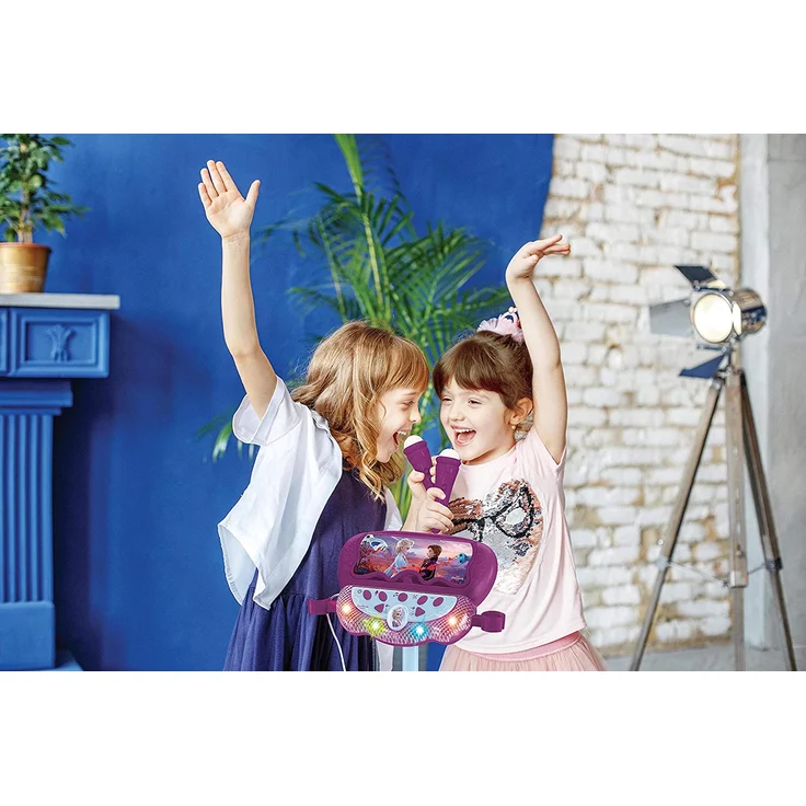 Lexibook S160FZ Disney Frozen Die Eiskönigin Standlichtlautsprecher für Kinder, musikalisches Spiel, verstellbare Höhe, lichteffekte, 2 Mikrofone inklusive, MP3-Stecker, Audiokabel-Stecker, lila/blau – Bild 7