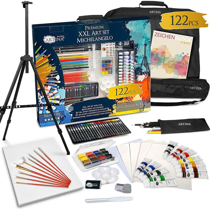 Artina 122 Teile XXL Mega Malset Staffelei Set Michelangelo – Komplett Malset Acryl, Zeichenset, Buntstifte, Farbset, Leinwand, Pinselset für Erwachsene & Kinder - Preisvergleich