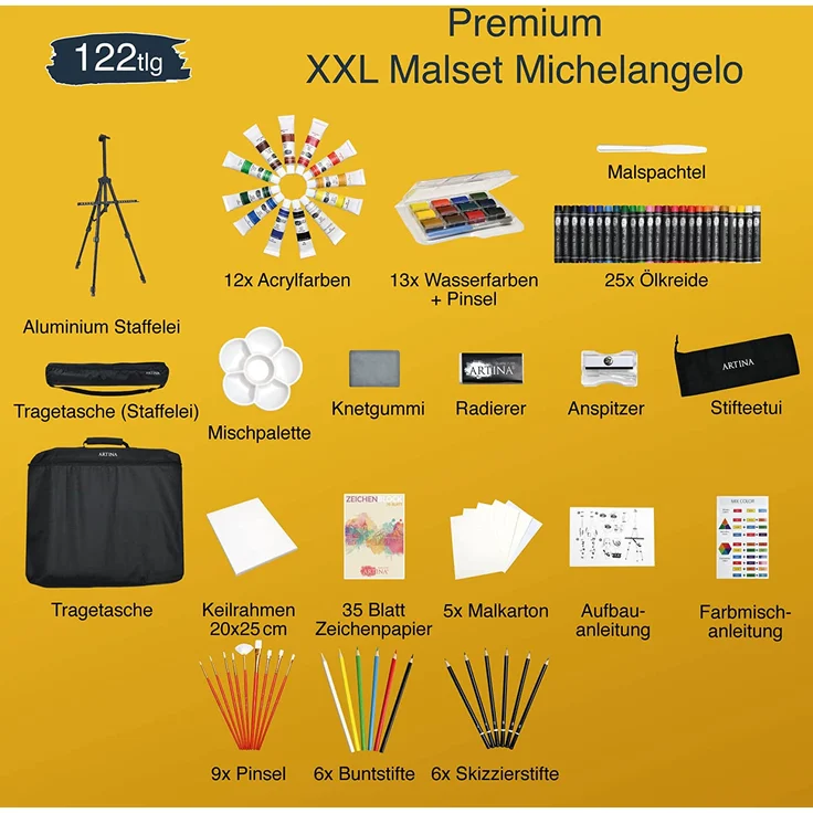 Artina 122 Teile XXL Mega Malset Staffelei Set Michelangelo – Komplett Malset Acryl, Zeichenset, Buntstifte, Farbset, Leinwand, Pinselset für Erwachsene & Kinder - Preisvergleich – Bild 3