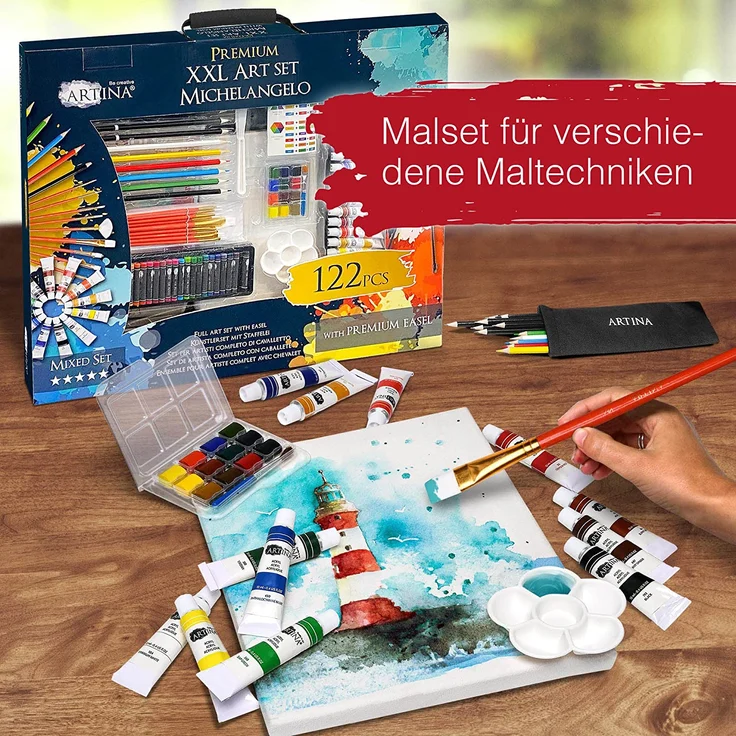 Artina 122 Teile XXL Mega Malset Staffelei Set Michelangelo – Komplett Malset Acryl, Zeichenset, Buntstifte, Farbset, Leinwand, Pinselset für Erwachsene & Kinder - Preisvergleich – Bild 4
