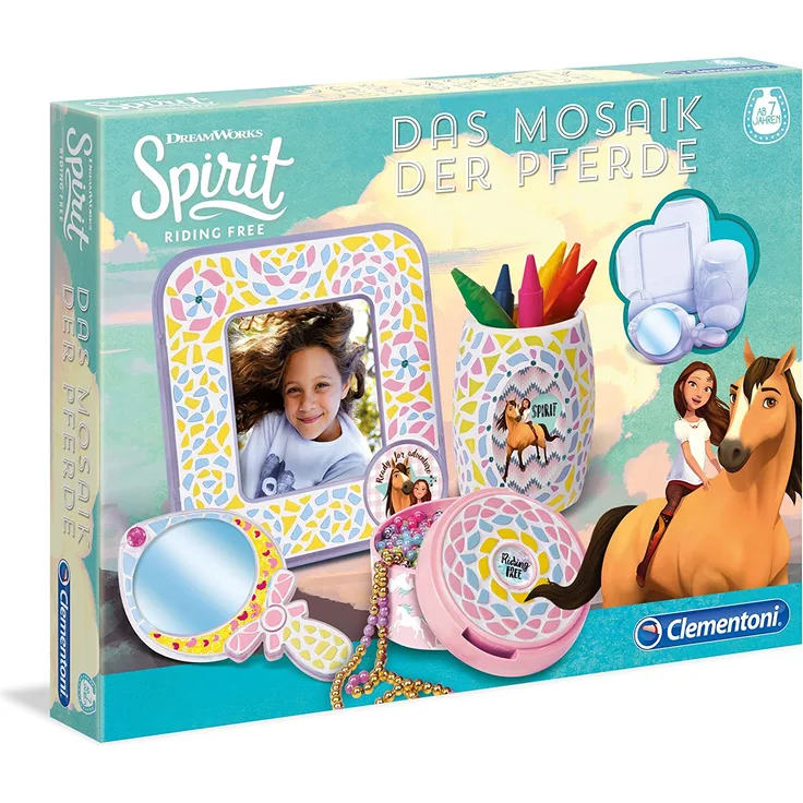 Clementoni 59105 Spirit Das Mosaik der Pferde, Kreativset mit Mosaiksteinen, zum Verzieren von Bilderrahmen, Bechern & Schmuckdöschen, Mosaikkunst für Kinder ab 7 Jahren