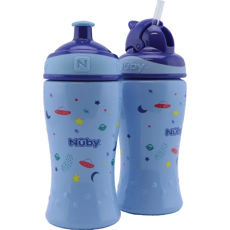 Nuby - 2er Pack auslaufsichere Trinkflaschen - Flip-it Trinkhalmflasche 360ml + Pop-up Trinkflasche Trinklernbecher für Kinder - BPA-FREI - Blau - Trinkbecher 12+ Monate & 18+ Monate