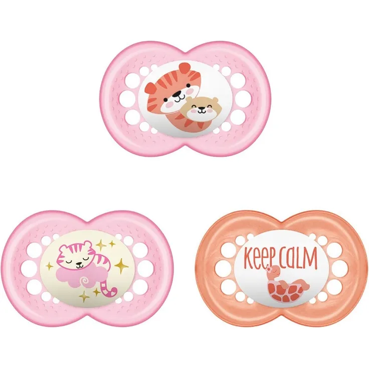 MAM Original Day & Night Schnuller Set mit SkinsoftTM Silikon-Sauger für 6+ Monate alte Babys, Rosa, 3 Stück