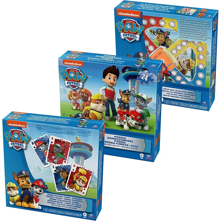 Paw Patrol 3 bekannte Gesellschaftsspiele als Paket Brettspiel Puzzle und Kartenspiel