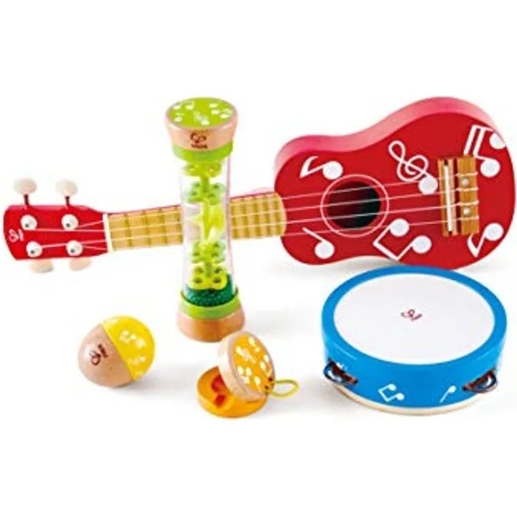 Hape E0339 Mini-Band Set - Ukulele, Tamburin, Kastagnette, Rassel und Regenmacher