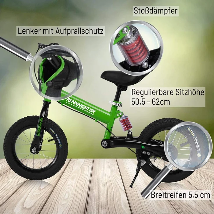 Deuba 'Rennmeister Kinderlaufrad', 12 Zoll, mit Antishock Feder, Übungs-Sattel, Absturzsicherung, inkl. Ständer, grün – Bild 3