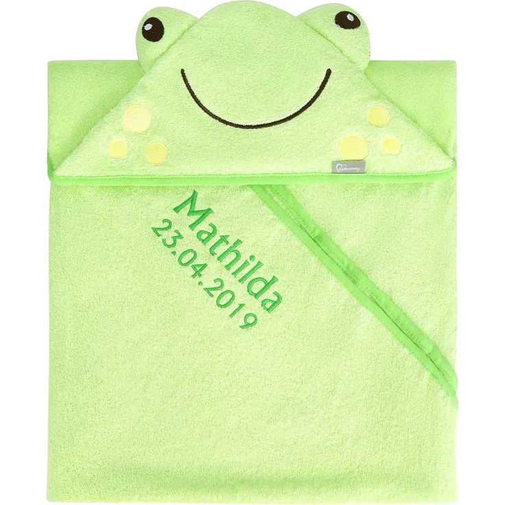 Be Mammy Kapuzenhandtuch Babyhandtuch aus Baumwolle bestickt mit Name und Geburtsdatum 95cm x 95cm BE20-282-BBL (Grün - Frosch)
