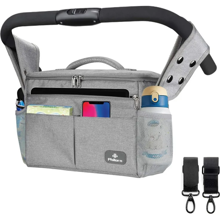 PHILORN Kinderwagen Organizer mit Isolierte Getränkehalter, Schultergurt Große Kapazität, Universal Baby Kinderwagen Tasche, Grau