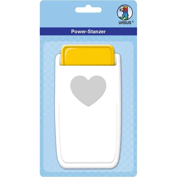 URSUS 19760001 Power Stanzer Herz, Größe ca. 3,8 cm, für viele Materialien wie Kork, Pappe, Moosgummi, Folien und Kunststoff geeignet, mit Schließvorrichtung zur platzsparenden Aufbewahrung, weiß/gelb