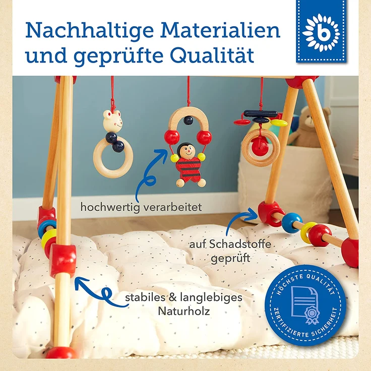 Bieco Spieltrapez | Spielbogen für Babys -Figuren, Rasseln, Kugeln | Spielebogen Holz Baby | Spieltrapez Holz | Baby Mobile Holz | Activity Center Baby Gym | Holzspielzeug Baby | Baby Spielzeug – Bild 6