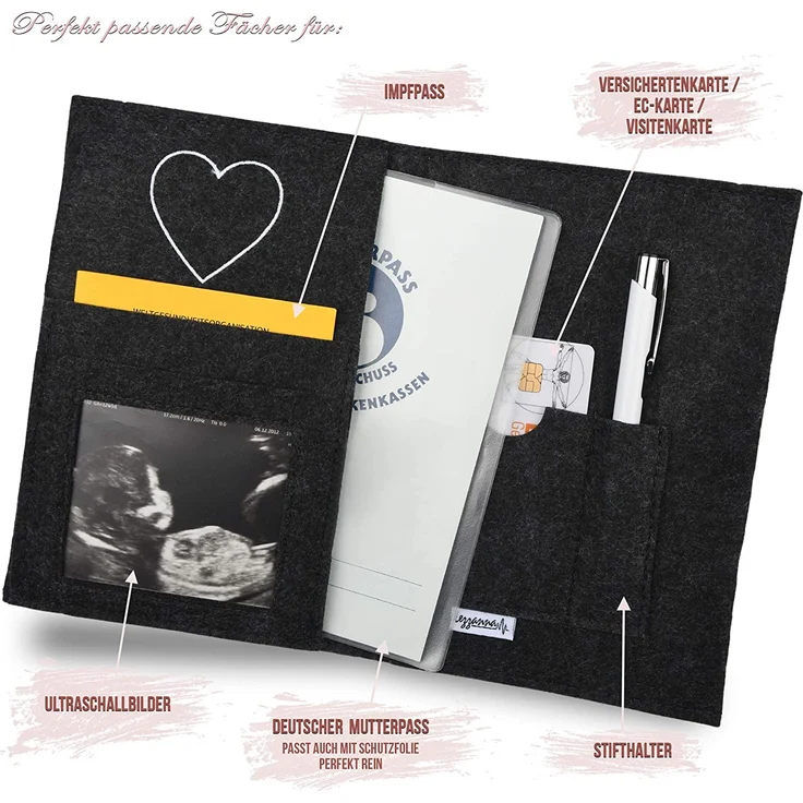 Lezzanna - Mutterpasshülle aus Filz - Mutterpass Tasche - Dokumententasche - in 4 Farben - viele Fächer für Ultraschallbilder und vieles mehr - Geschenk für Schwangere - Organizer – Bild 3