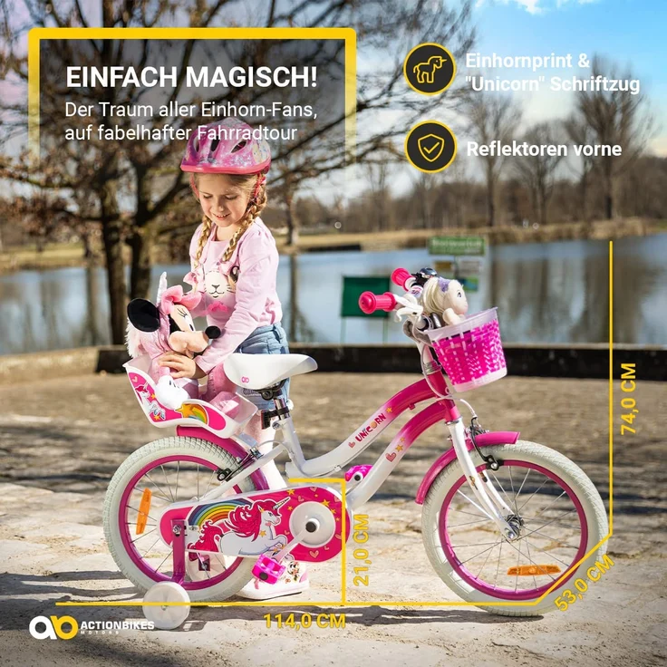 Kinderfahrrad Unicorn 16 Zoll Kinder Mädchen Fahrrad mit Stützräder pink Einhorn – Bild 3