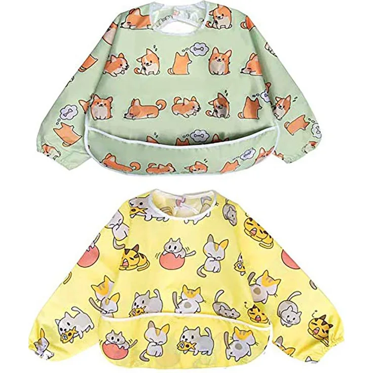 Little Dimsum Lätzchen Baby Lätzchen mit Ärmeln, Lätzchen Wasserdicht Abwaschbar Ärmellätzchen, Baby Bibs Set für Kleinkinder mit Großer Tasche (6-36 Monate) - 2er-Pack
