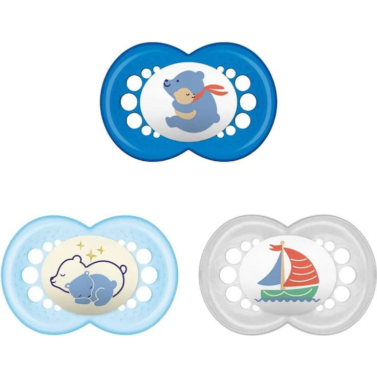 MAM Original Day & Night Schnuller Set mit SkinsoftTM Silikon-Sauger für 6+ Monate, blau, 3 Stück