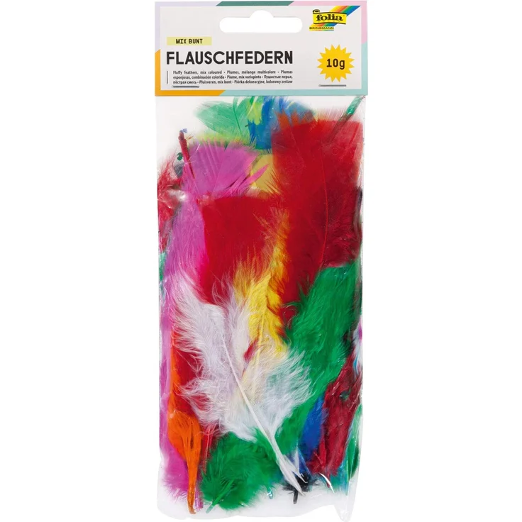 folia 53019 - Federn, Flauschfedern, Kunstfedern, 10 g, farbig sortiert in intensiven Farben- ideal für kreative Bastelarbeiten, Masken, Kostüme