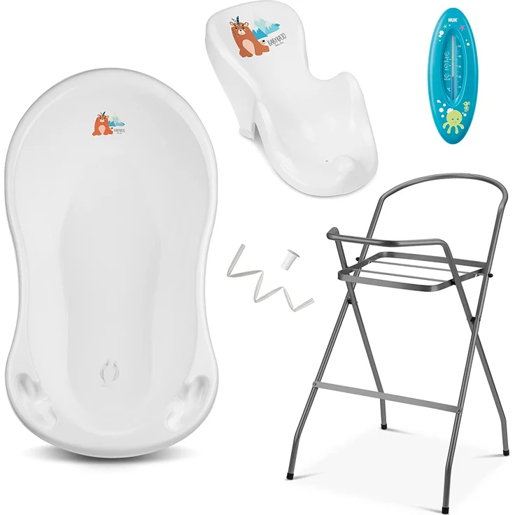 Babykajo Badewanne, Bärchen Weiß inkl. Sitz, Gestell und Thermometer – Bild 2