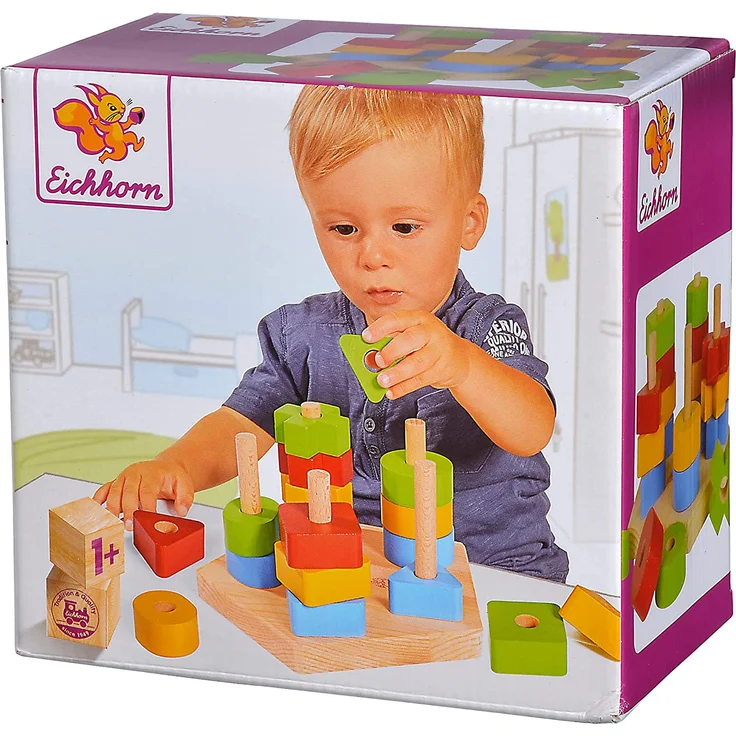 Eichhorn Steckplatte, 21-teilig, Buchenholz, 5 verschiedene Stecksymbole, 20 Steckteile, für Kinder ab 12 Monaten, Größe: 18 x 10 cm – Bild 1