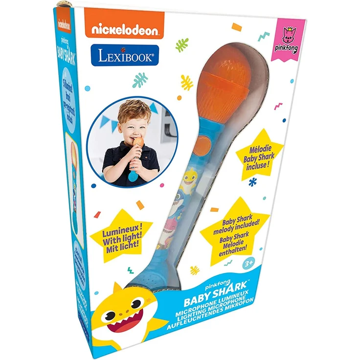 Lexibook MIC80BS Pinkfong Baby Shark Aufleuchtendes Mikrofon für Kinder, musikalisches Spiel, eingebauter Lautsprecher, Lichteffekte, inklusive Demo-Melodien, blau/Oranje – Bild 5