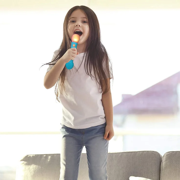 Lexibook MIC80BS Pinkfong Baby Shark Aufleuchtendes Mikrofon für Kinder, musikalisches Spiel, eingebauter Lautsprecher, Lichteffekte, inklusive Demo-Melodien, blau/Oranje – Bild 7