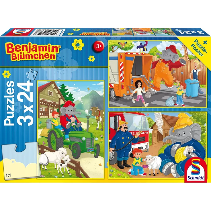 Schmidt Spiele Benjamin The Elephant Puzzle 56207, blau, In Aktion, 3 x 24 Teile