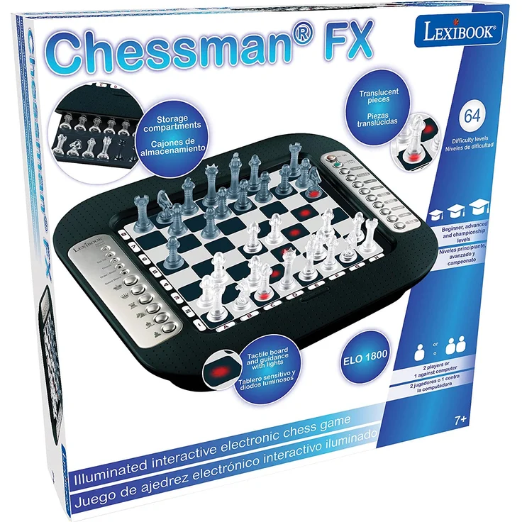 Lexibook CG1335 Chessman FX, Elektronisches Schachspiel mit Berührungstastatur und Licht-und Soundeffekte, 32 Stück, 64 Schwierigkeitsgrade, Familienbrettspiel, Schwarz/Silber – Bild 5