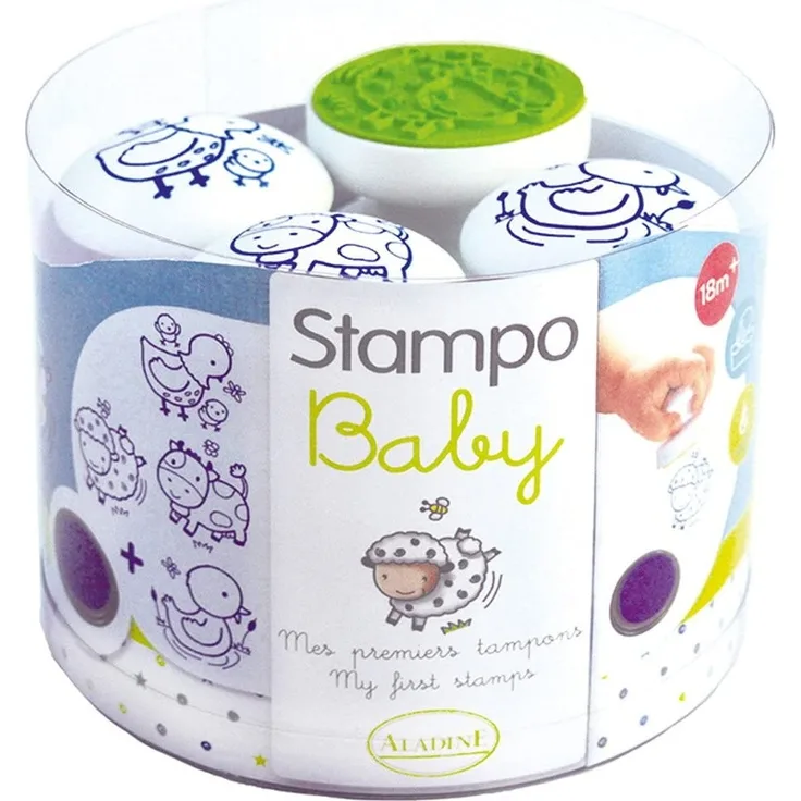 Aladine 55209 Stampo Baby Bauernhof, 4 Stempel und 1 Stempelkissen (blau)
