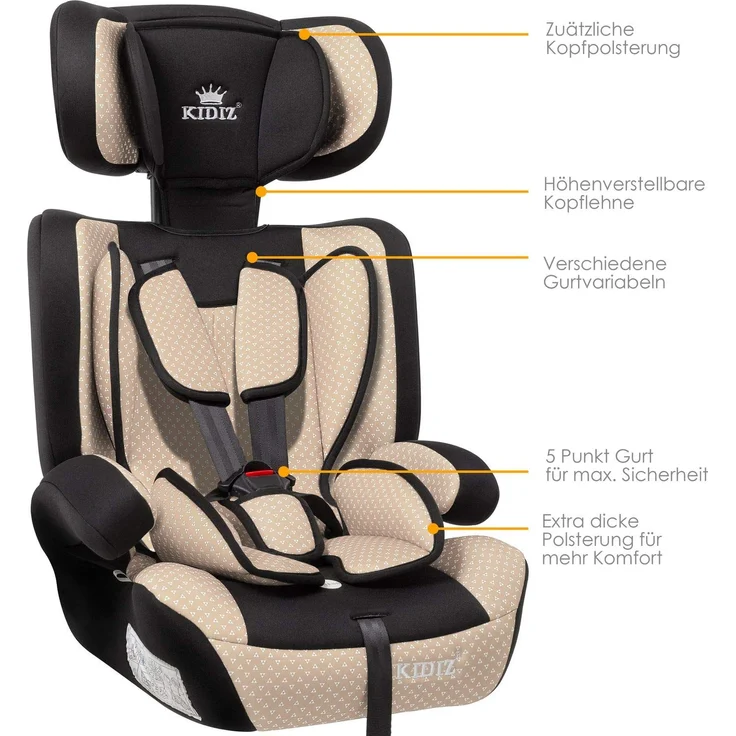 KIDIZ® Autokindersitz Kindersitz Kinderautositz | Autositz Sitzschale | 9 kg - 36 kg 1-12 Jahre | Gruppe 1/2 / 3 | universal | zugelassen nach ECE R44/04 | 6 verschiedenen Farben | Beige – Bild 2