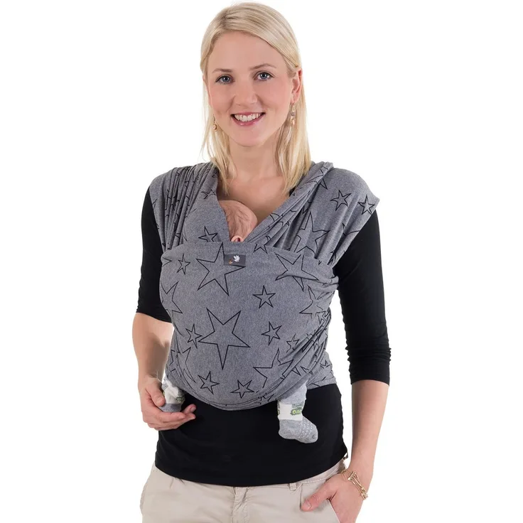 HOPPEDIZ elastisches Tragetuch für Früh- und Neugeborene, inkl. Trageanleitung, 5,40m x 0,50m, Grau mit Stern